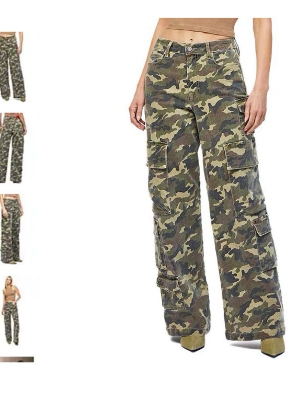 Hidden Wide-Leg Cargo Jeans in Green Camo - Women's